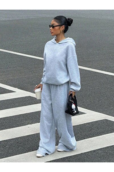 trendgar Γκρι φούτερ με φαρδύ πόδι/Σετ φούτερ με φαρδύ πόδι