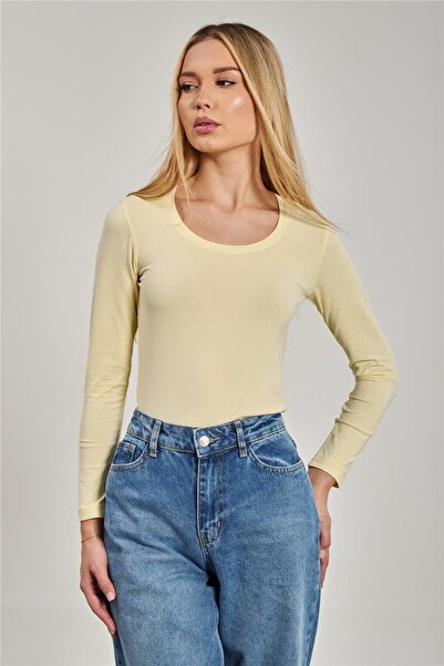 BARRELS AND OIL Women's u-neck long sleeve bodysuit - light yellow