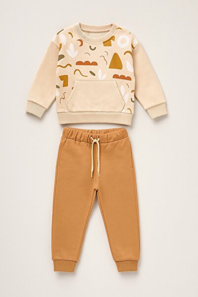 dinamik çocuk 2-6 Years Old Boys' 2-Piece Set Abstract Cloud Patterned Kangaroo Pocket Sweatshirt & Sweatpants