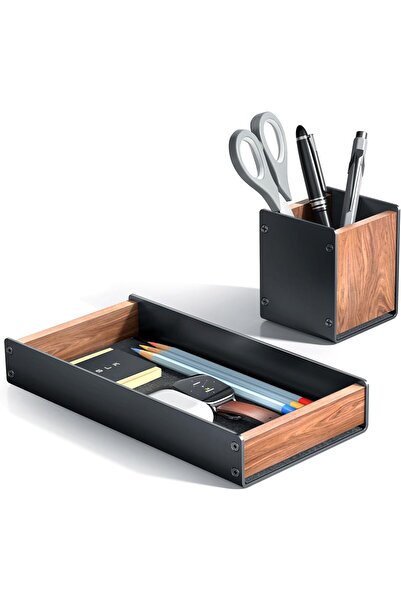 Generic SHUOSUO Walnut Wood Desk Tray with Pen Holder Set, Natural Wooden & Aluminium Desk Office Draw Organ