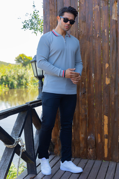 FRANCO RENZO Gray Half Zip Polo Neck Knit Sweater