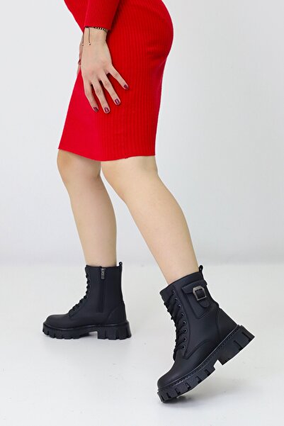 Emax Kadın Siyah Kalın Taban Postal Bot – Fermuarlı Bağcıklı Cepli Tokalı Rahat Günlük Bot