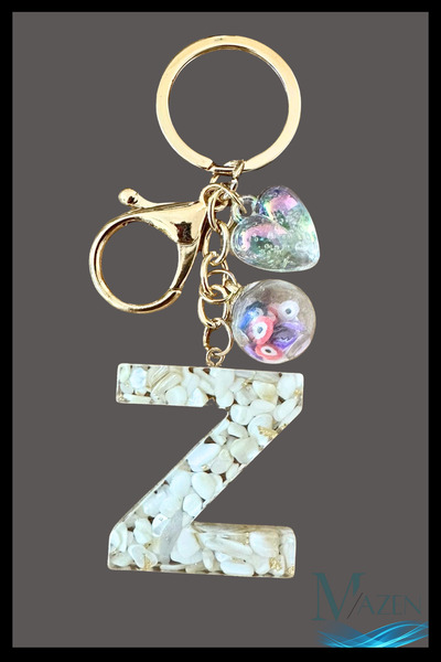 MAZEN Epoksi Z Harf Anahtarlık | BEYAZ| Nazar Boncuklu & Kalpli Tasarım | Kad...