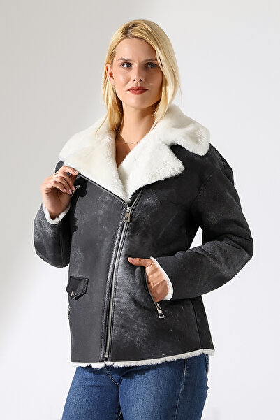 By Marki Marki Kadın Hakiki Deri Mont, Gri Vintage, İçi Kürklü, 74 cm, İngili...