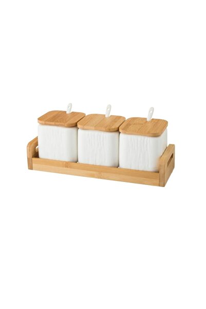 ORIAN طقم مكون من 3 قطع من برطمانات السكر والشاي والتوابل المصنوعة من البورسلين الأبيض مع غطاء وحامل خشبي