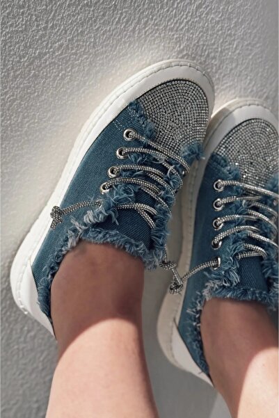 Ayakkabium Premium Mavi Kot Bağcıklı Süper Rahat Kadın Sneaker