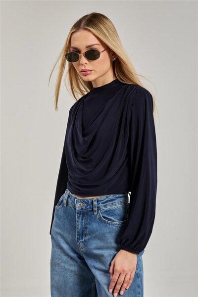BARRELS AND OIL Women's shoulder padded degaje neck blouse - navy blue