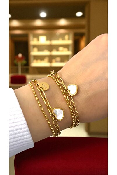 CLOVER JEWELRY Gold Color Heart and Love Written Steel Women's Bracelet