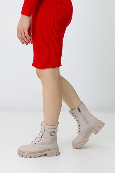 Emax Kadın Bej Kalın Taban Postal Bot – Fermuarlı Bağcıklı Cepli Tokalı Rahat Günlük Bot