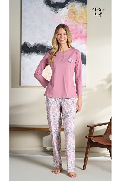 Kadın - Açık Pembe Uzun Kollu Düğmeli Alt Üst Pijama Takımı