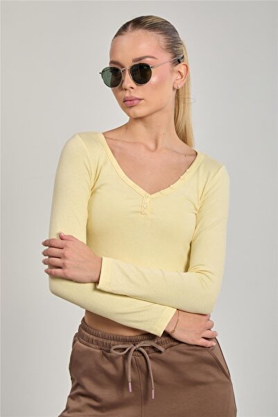BARRELS AND OIL Kadın Yaka Düğmeli Uzun Kol Body - Sarı