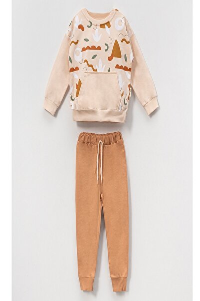 dinamik çocuk 2-6 Years Old Boys' 2-Piece Set Abstract Cloud Patterned Kangaroo Pocket Sweatshirt & Sweatpants