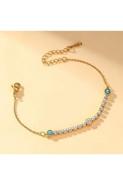 BEREN KILIÇ Gold Blue Detailed Steel Zircon Stone Waterway Bracelet 21 cm Gift Bracelet