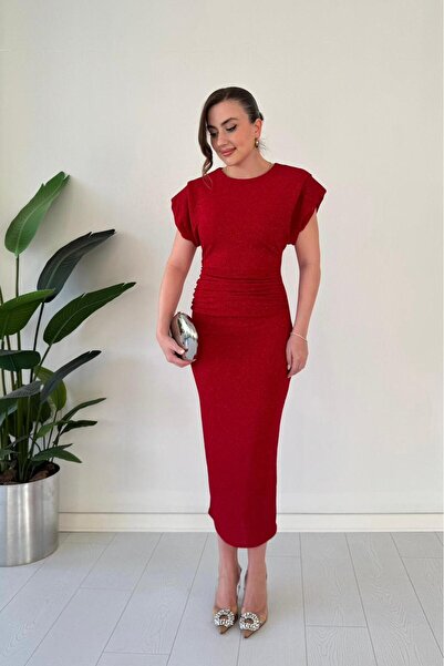 MaziButik Wadding Detail Glitter Dress Red