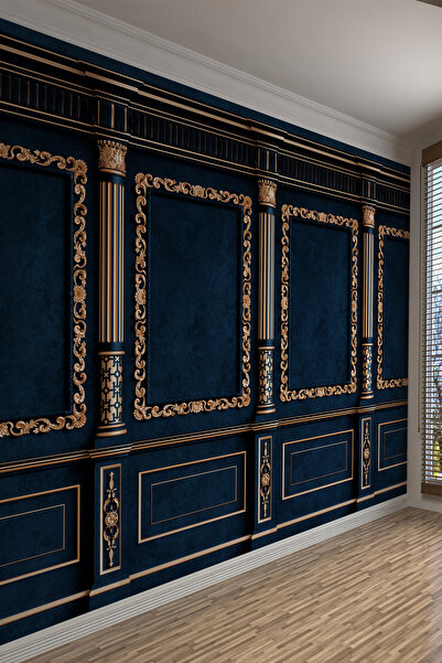 dreamwall Lacivert Kadife Doku Görünümlü Altın Varaklı Tekstil Duvar Kağıdı