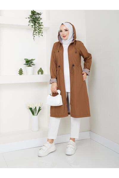 exxitcollection Women's Bondit Fabric Striped Trench Coat Hooded Waterproof Stylish Comfortable