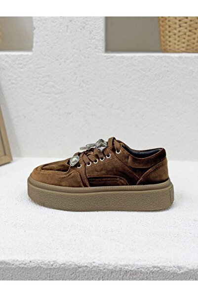 Guja 26K475 TAŞ DETAYLI KADİFE 4CM KALIN TABAN SNEAKER SPOR AYAKKABI KADIN