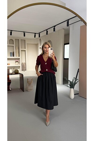 Sezgi Tekin Μίντι φούστα από μαύρη ποπλίνα με λεπτομέρεια τσέπης με ελαστική ...