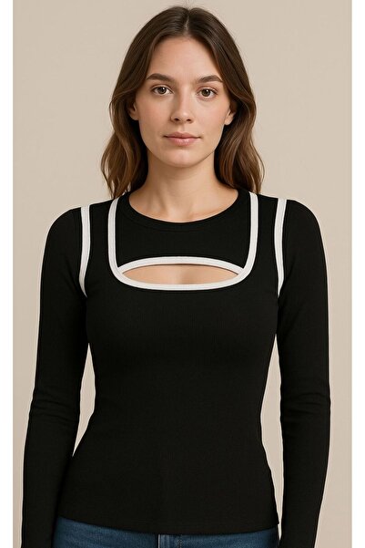 Chicup Aura بلوزة نسائية سوداء محبوكة بتفاصيل نافذة متقاطعة