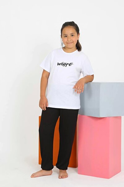 Beruflic طقم بيجامة بناتي من القطن الممشط بأكمام قصيرة باللون الأبيض