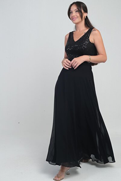 By Saygı Women's Elastic Waist Lined Long Chiffon Skirt