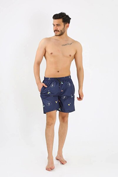 Beruflic Men's Patterned Zipper Pocket Swim Shorts Navy Blue