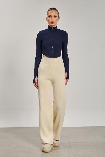 BARRELS AND OIL Kadın Bol Paça Triko Pantolon - Taş Rengi