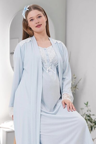 Lohusa Dünyasi طقم ثوب نوم للحوامل مزين بالدانتيل الأزرق