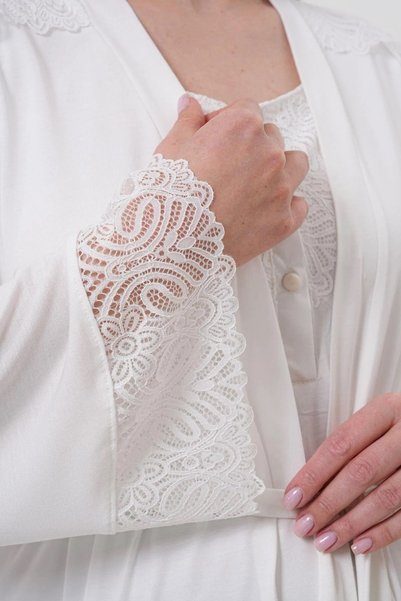 Generic Brand Women's Ecru Lace Detailed Maternity Nightgown Dressing Gown Set