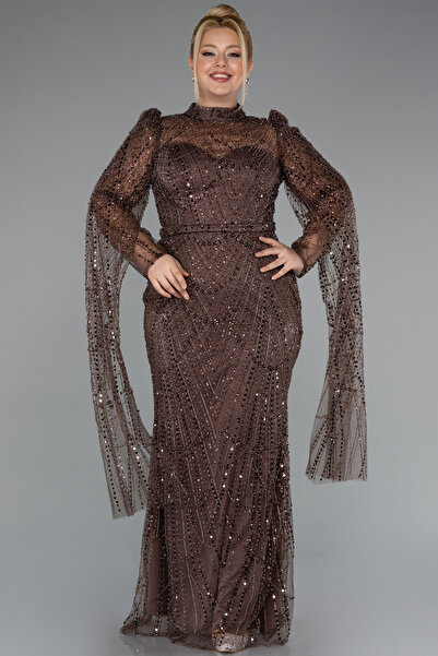 Abiyefon Kahve Uzun Kol Dik Yaka Boncuklu Büyük Beden Abiye ABU5153