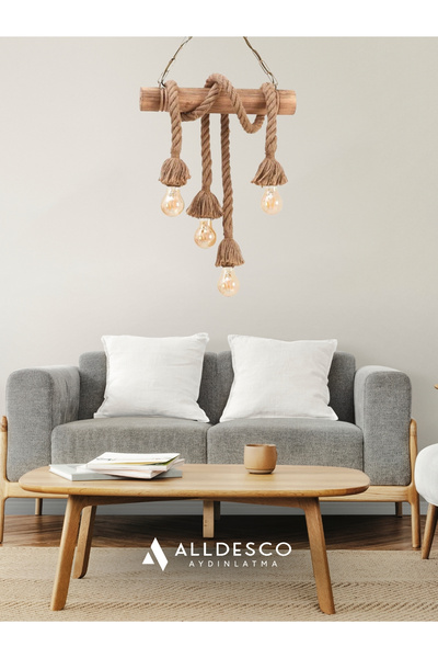 Alldesco Cordela 4’lü Rustik Halatlı Ahşap Avize – Zincir Askılı, Otantik & Dekoratif Tasarım
