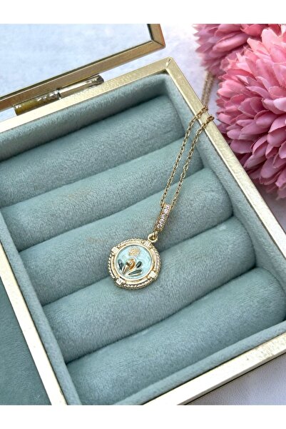 Lavin Accessoriess Gold Vintage Çerçeve Detaylı Mavi Çelik Kolye