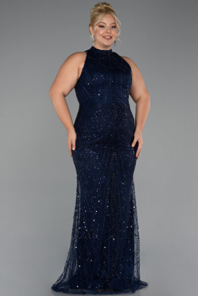 Abiyefon Lacivert Halter Yaka Uzun Boncuklu Büyük Beden Abiye ABU5063