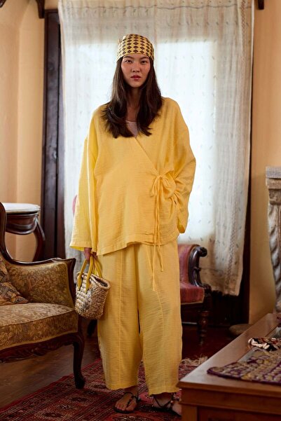 Ceylan Otantik Lemon Yellow Muslin Tie Tunic & Shalwar Trousers Set