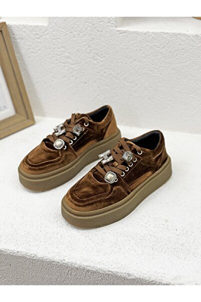Guja 26K475 TAŞ DETAYLI KADİFE 4CM KALIN TABAN SNEAKER SPOR AYAKKABI KADIN