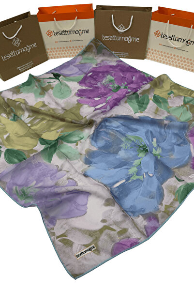 Tesettürnağme Soft Pamuk Eşarp TN2000 Çiçekli Desen Bebe Mavisi-Keten Yeşili-08