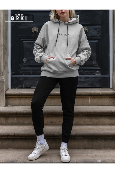 EFFRENATU Women's Gray Oversize Hooded Sweatshirt – Classical Digital Print