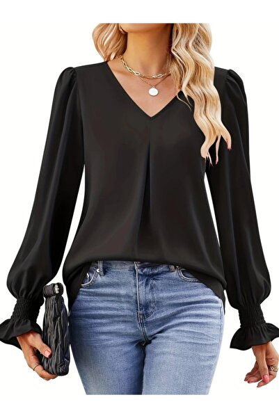 ALPACO Bluză de damă cu mânecă lungă și decolteu în V, din crep importat -COLECȚIE