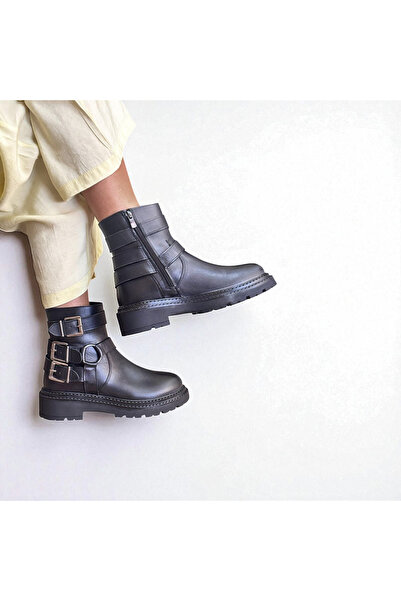 NE&VE SHOES Μαύρες γνήσιες δερμάτινες γυναικείες μπότες με αγκράφα με εσωτερι...