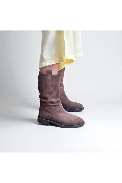NE&VE SHOES Kahve Süet Hakiki Deri Körüklü Rahat Kadın Günlük Çizme