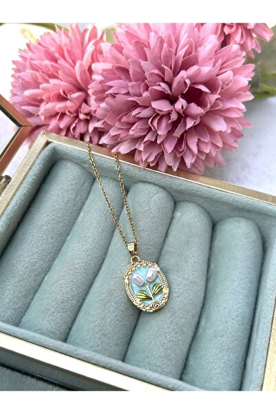 Lavin Accessoriess İncili Lale Detaylı Vintage Mavi Çelik Kolye