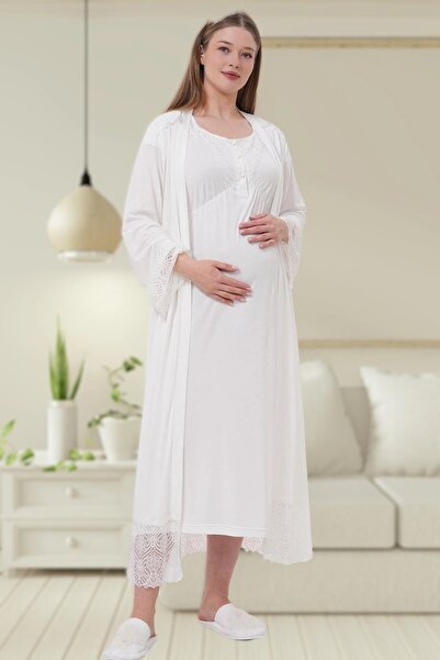 Generic Brand Women's Ecru Lace Detailed Maternity Nightgown Dressing Gown Set