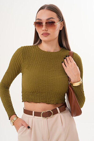 ŞİMAL Women's Crew Neck Long Sleeve Wrinkled Blouse 255267 -