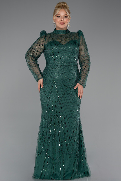 Abiyefon Zümrüt Yeşili Uzun Kol Taşlı Büyük Beden Abiye ABU4527