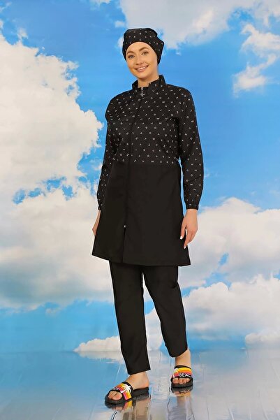 Beruflic Women's Patterned Full Hijab Swimsuit with Trousers Black