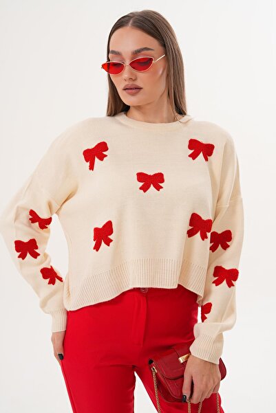 ŞİMAL Kadın Fiyonk Desenli Triko Örme Oversize Kazak 255191 -