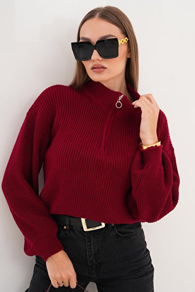 ŞİMAL Pulover tricotat cu detaliu cu fermoar la guler pentru femei 255109 -