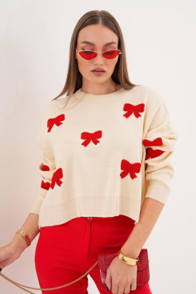 ŞİMAL Kadın Fiyonk Desenli Triko Örme Oversize Kazak 255191 -