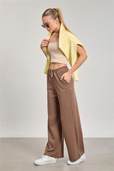 BARRELS AND OIL بنطلون نسائي واسع الساقين من المودال بخصر مطاطي - بني