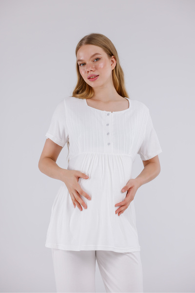 CT MODA Kadın Ekru Jakarlı Özel Tasarım Pamuk Hamile Lohusa Sabahlık Pijama Takımı Set